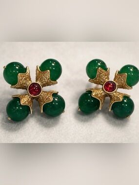 Vintage-Inspired Green Bead and Gold Stud Earrings with Red Crystal